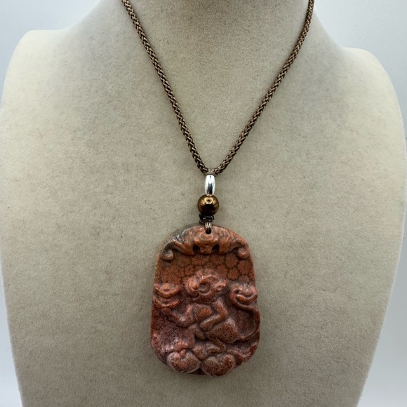 Coral Fossil Monkey Pendant Necklace Sterling Silver Accent on Adjustable Rope - Picture 2 of 9